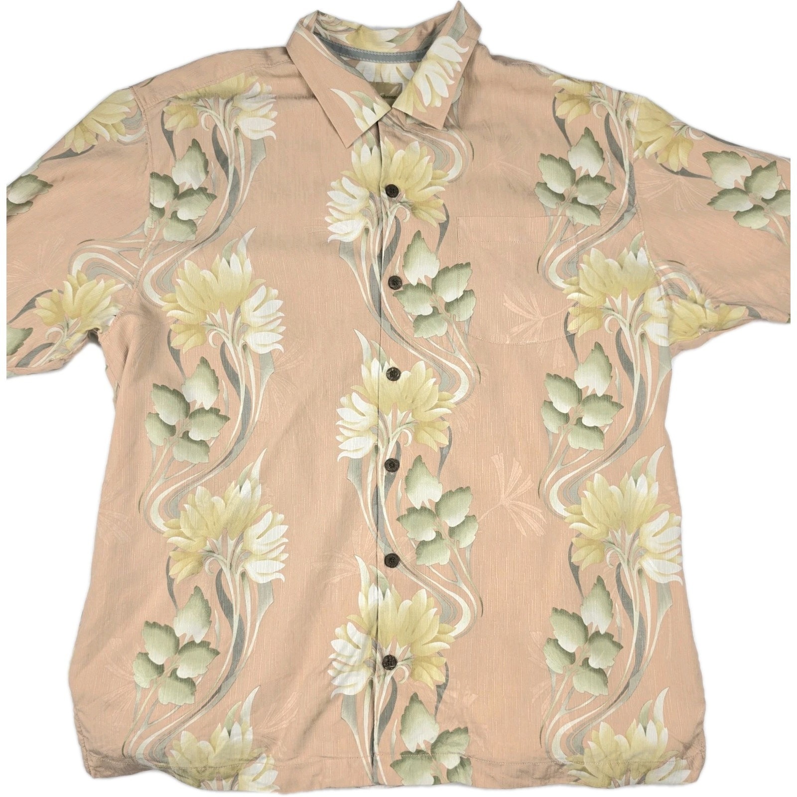 Tommy Bahama Shirt Mens Size Large Leaves Flower Pink/Peach Silk Short Sleeve